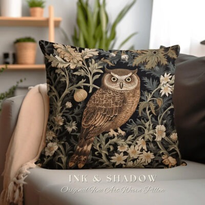 Dark Botanical Owl Pillow Woven