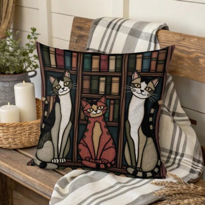 Whimsical Cats Woven Pillow