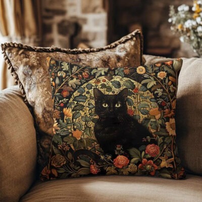Witch's Black Cat & Floral Faux Suede Cushion Cover